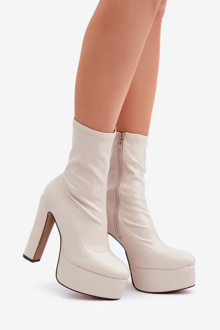 Sale Boto Botki Na Wysokim Obcasie Słupku I Platformie Jasnobeżowe Tennira Beżowy