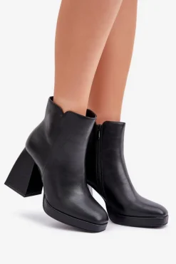 Damskie Boto Botki Na Wysokim Obcasie Słupku Eko Skórzane Czarne Selarae