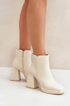 Boto Botki Na Wysokim Obcasie Słupku Eko Skórzane Jasnobeżowe Selarae