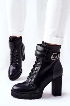 Damskie Boto Botki Na Wysokim Słupku Czarne Wiązane Fasha