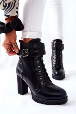 Damskie Boto Botki Na Wysokim Słupku Czarne Wiązane Fasha