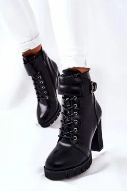 Damskie Boto Botki Na Wysokim Słupku Czarne Wiązane Fasha