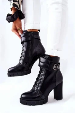 Damskie Boto Botki Na Wysokim Słupku Czarne Wiązane Fasha