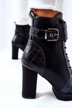 Damskie Boto Botki Na Wysokim Słupku Czarne Wiązane Fasha