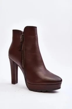 Damskie Boto Botki Na Wysokim Słupku Z Suwakami Brązowe Inezma