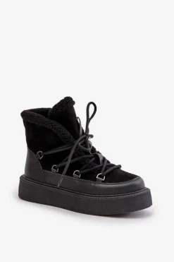 Damskie Boto Botki Śniegowce Na Platformie Czarne Tamidra