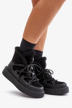 Damskie Boto Botki Śniegowce Na Platformie Czarne Tamidra