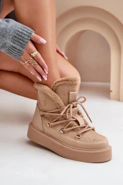 Boto Śniegowce Damskie|Brązowe I Beżowe Botki*Botki Śniegowce Na Platformie Ciemnobeżowe Tamidra