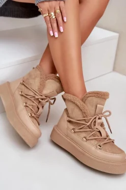 Boto Śniegowce Damskie|Brązowe I Beżowe Botki*Botki Śniegowce Na Platformie Ciemnobeżowe Tamidra