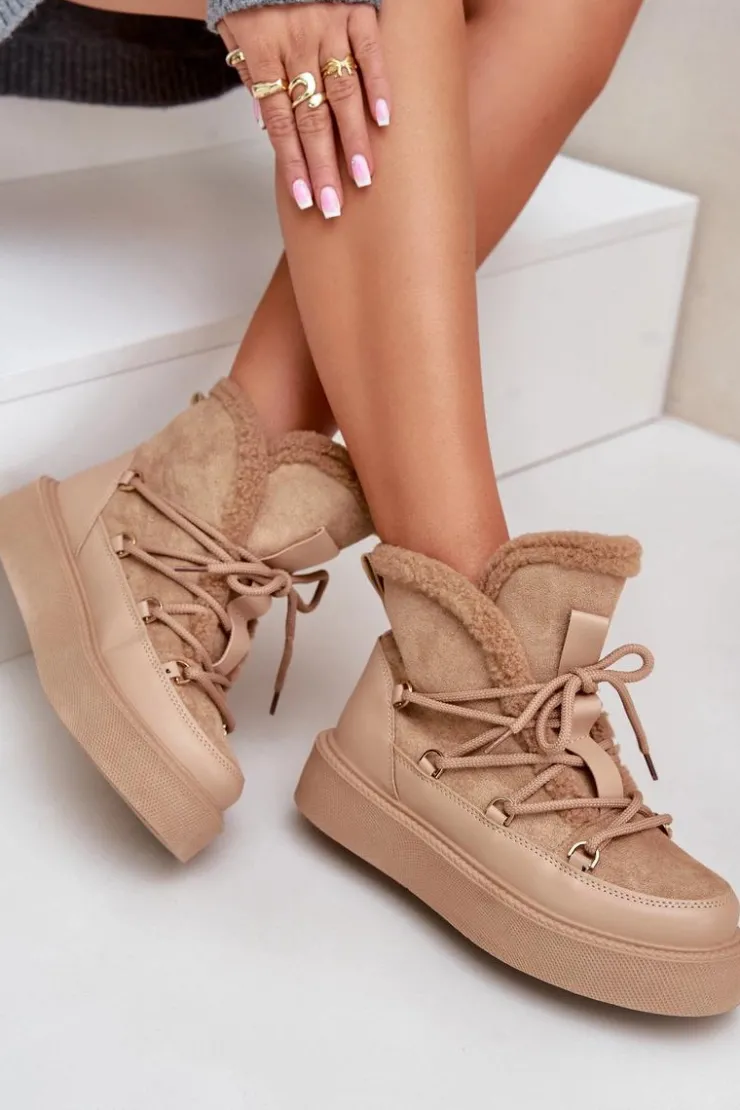 Boto Śniegowce Damskie|Brązowe I Beżowe Botki*Botki Śniegowce Na Platformie Ciemnobeżowe Tamidra