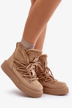 Boto Śniegowce Damskie|Brązowe I Beżowe Botki*Botki Śniegowce Na Platformie Ciemnobeżowe Tamidra
