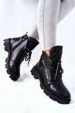 Buty Sergio Leone Czarne Botki|Botki Zimowe Damskie*Botki Ocieplane Futerkiem Sergio Leone Czarne TR740