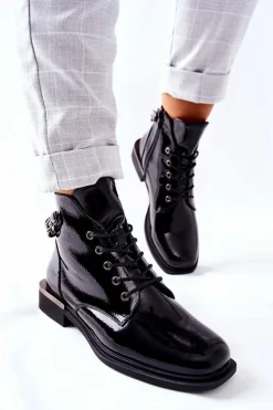 Damskie Buty Sergio Leone Botki Ocieplane Lakierowane Na Suwak Sergio Leone Czarne BT405