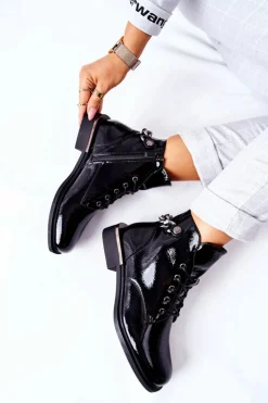 Damskie Buty Sergio Leone Botki Ocieplane Lakierowane Na Suwak Sergio Leone Czarne BT405