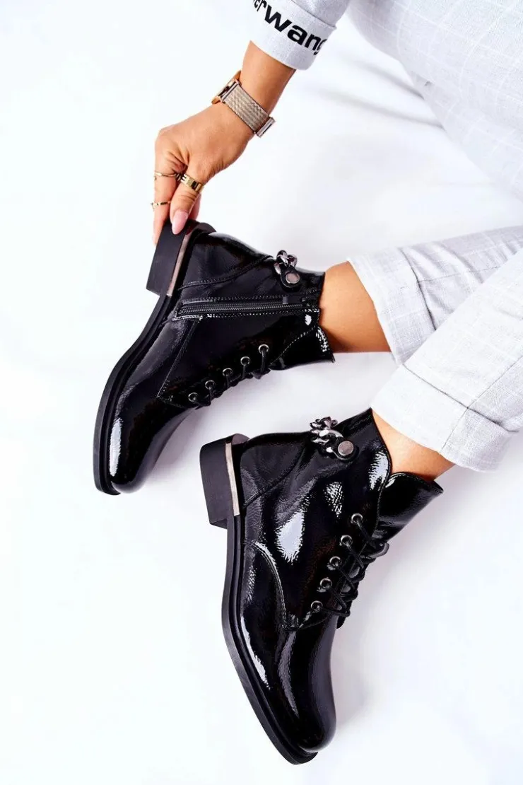 Damskie Buty Sergio Leone Botki Ocieplane Lakierowane Na Suwak Sergio Leone Czarne BT405