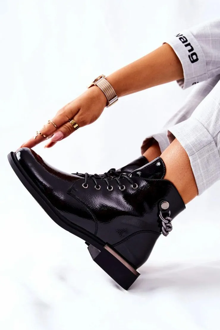 Damskie Buty Sergio Leone Botki Ocieplane Lakierowane Na Suwak Sergio Leone Czarne BT405