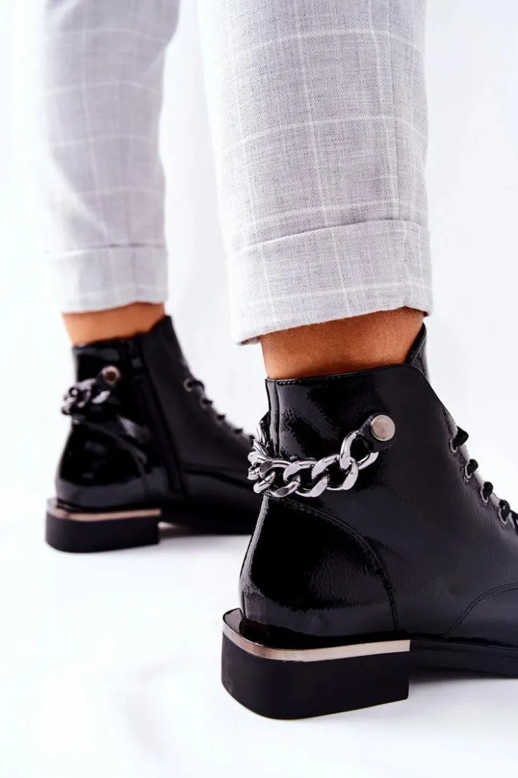 Damskie Buty Sergio Leone Botki Ocieplane Lakierowane Na Suwak Sergio Leone Czarne BT405