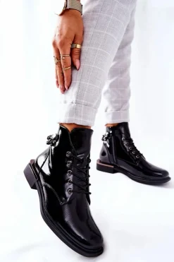 Damskie Buty Sergio Leone Botki Ocieplane Lakierowane Na Suwak Sergio Leone Czarne BT405