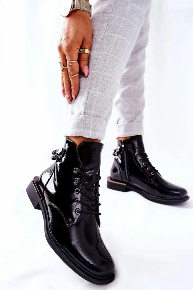 Damskie Buty Sergio Leone Botki Ocieplane Lakierowane Na Suwak Sergio Leone Czarne BT405