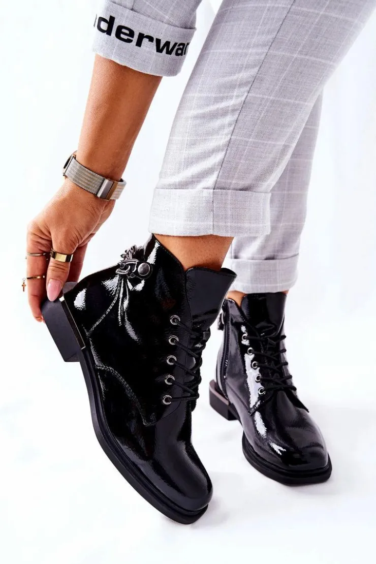 Damskie Buty Sergio Leone Botki Ocieplane Lakierowane Na Suwak Sergio Leone Czarne BT405