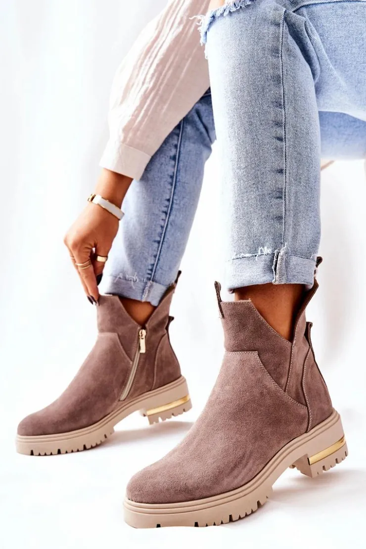 Damskie Boto Botki Ocieplane Z Wycięciem Cappucino Tanya