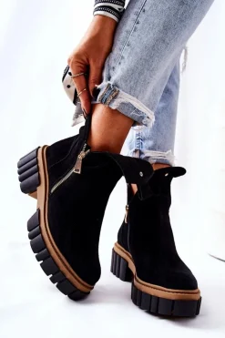 Damskie Boto Botki Ocieplane Z Wycięciem Na Suwak Czarne Cadence