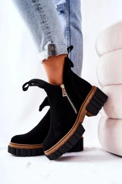 Damskie Boto Botki Ocieplane Z Wycięciem Na Suwak Czarne Cadence