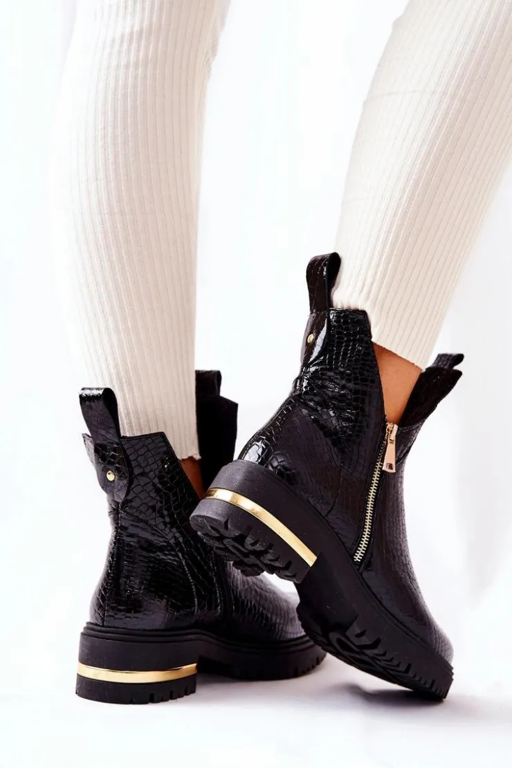 Boto Czarne Botki|Botki Zimowe Damskie*Botki Ocieplane Z Wycięciem Wzór Krokodyla Czarne Crolisia