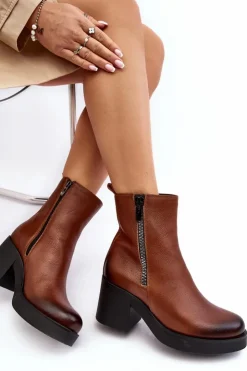 Boto Botki Skórzane|Botki Zimowe Damskie*Botki Skórzane Na Masywnym Obcasie Z Suwakami Brązowe Lemar Littosa