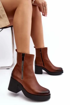 Boto Botki Skórzane|Botki Zimowe Damskie*Botki Skórzane Na Masywnym Obcasie Z Suwakami Brązowe Lemar Littosa