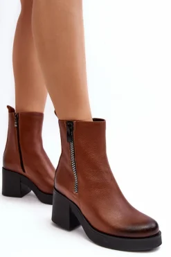 Boto Botki Skórzane|Botki Zimowe Damskie*Botki Skórzane Na Masywnym Obcasie Z Suwakami Brązowe Lemar Littosa