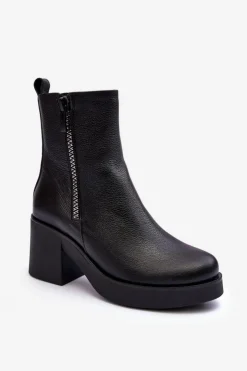 Damskie Boto Botki Skórzane Na Masywnym Obcasie Z Suwakami Czarne Lemar Littosa