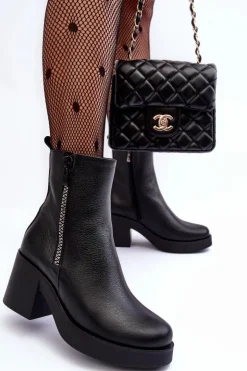 Damskie Boto Botki Skórzane Na Masywnym Obcasie Z Suwakami Czarne Lemar Littosa