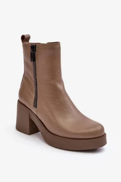 Boto Botki Skórzane|Botki Zimowe Damskie*Botki Skórzane Na Masywnym Obcasie Z Suwakami Ciemnobeżowe Lemar Littosa