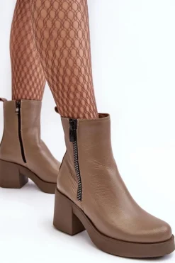 Boto Botki Skórzane|Botki Zimowe Damskie*Botki Skórzane Na Masywnym Obcasie Z Suwakami Ciemnobeżowe Lemar Littosa