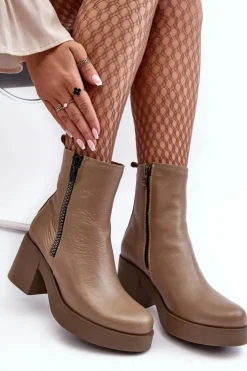 Boto Botki Skórzane|Botki Zimowe Damskie*Botki Skórzane Na Masywnym Obcasie Z Suwakami Ciemnobeżowe Lemar Littosa