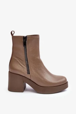 Boto Botki Skórzane|Botki Zimowe Damskie*Botki Skórzane Na Masywnym Obcasie Z Suwakami Ciemnobeżowe Lemar Littosa