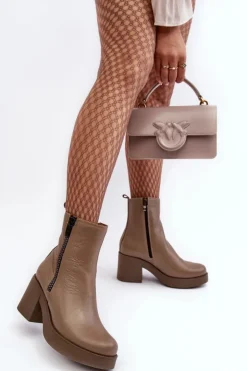 Boto Botki Skórzane|Botki Zimowe Damskie*Botki Skórzane Na Masywnym Obcasie Z Suwakami Ciemnobeżowe Lemar Littosa