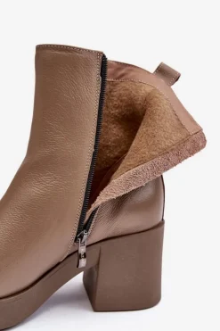 Boto Botki Skórzane|Botki Zimowe Damskie*Botki Skórzane Na Masywnym Obcasie Z Suwakami Ciemnobeżowe Lemar Littosa