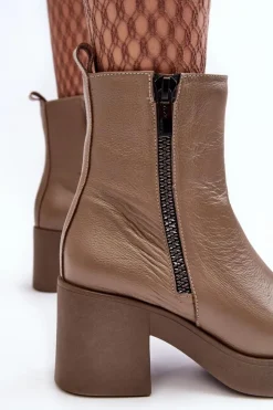 Boto Botki Skórzane|Botki Zimowe Damskie*Botki Skórzane Na Masywnym Obcasie Z Suwakami Ciemnobeżowe Lemar Littosa