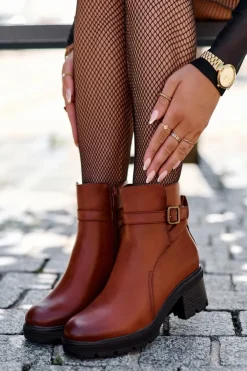 Clearance Boto Botki Skórzane Na Niskim Obcasie Brązowe Irinaela