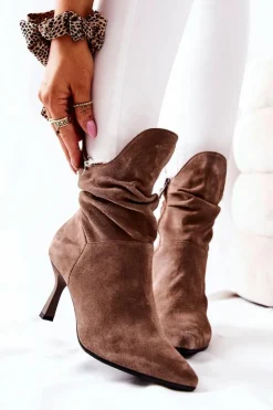 Laura Messi Botki Wiosenne|Czarne Botki*Botki Skórzane Na Obcasie 2427 Ciemnobeżowe