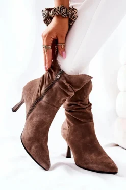 Laura Messi Botki Wiosenne|Czarne Botki*Botki Skórzane Na Obcasie 2427 Ciemnobeżowe