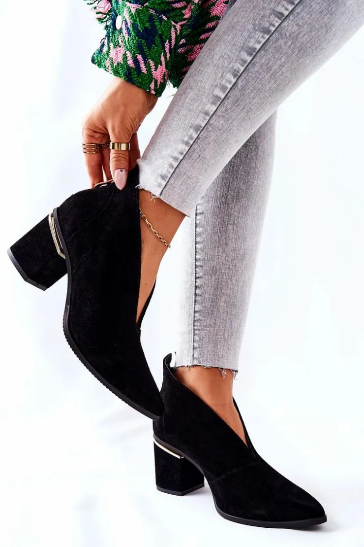 Damskie Laura Messi Botki Skórzane Na Obcasie Czarne 2344