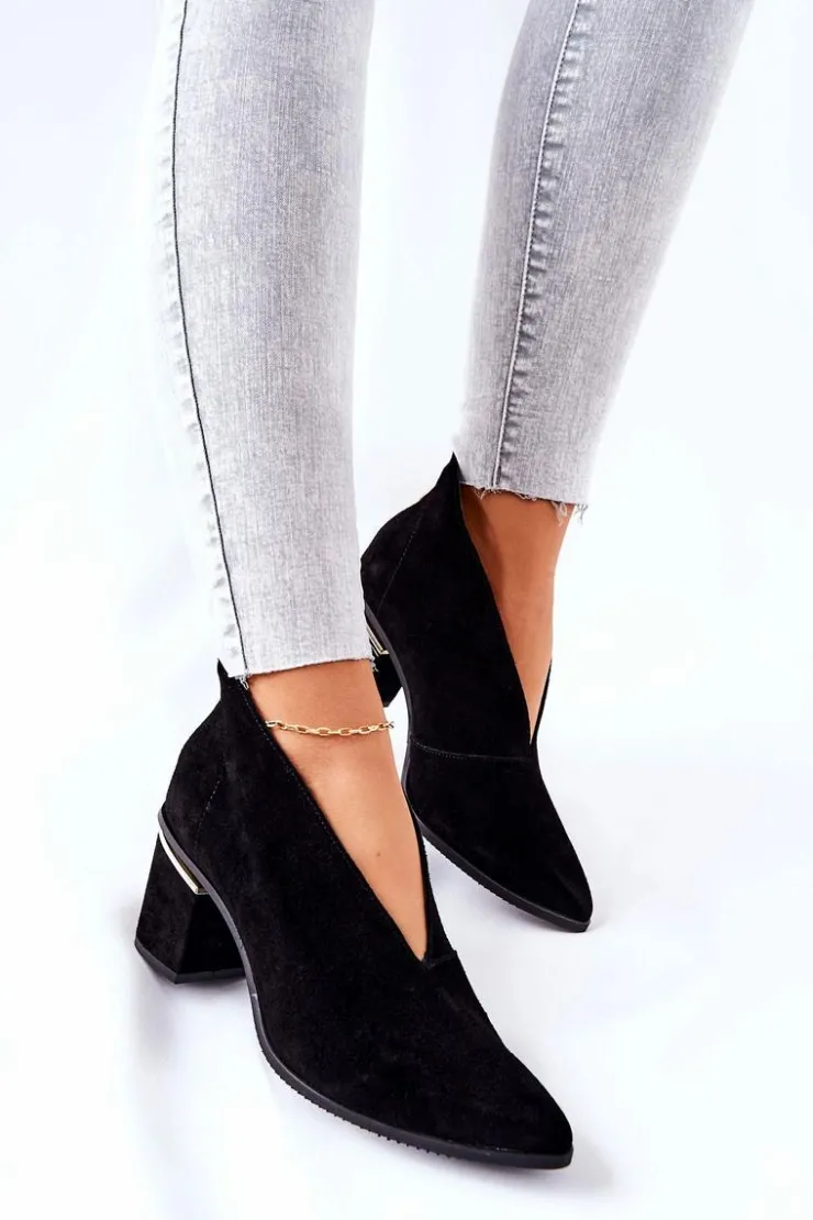 Damskie Laura Messi Botki Skórzane Na Obcasie Czarne 2344