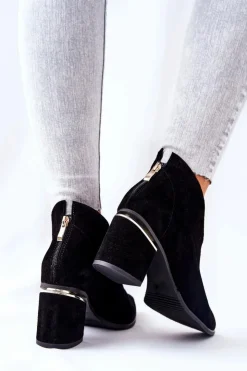 Damskie Laura Messi Botki Skórzane Na Obcasie Czarne 2344