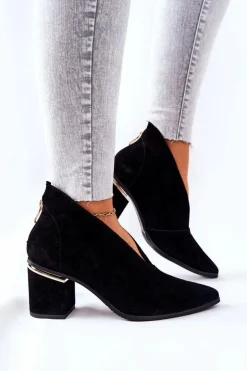 Damskie Laura Messi Botki Skórzane Na Obcasie Czarne 2344