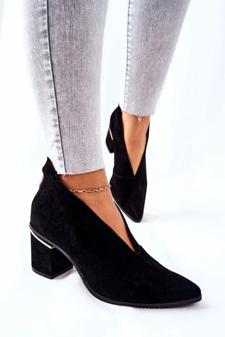 Damskie Laura Messi Botki Skórzane Na Obcasie Czarne 2344