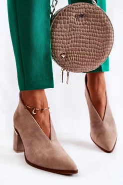 Online Laura Messi Botki Skórzane Na Obcasie Jasnobeżowe 2344