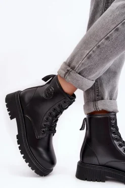 Damskie Big Star Shoes Botki Skórzane Sznurowane Czarne Big Star MM274375